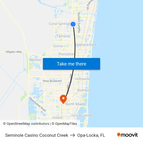 Seminole Casino Coconut Creek to Opa-Locka, FL map