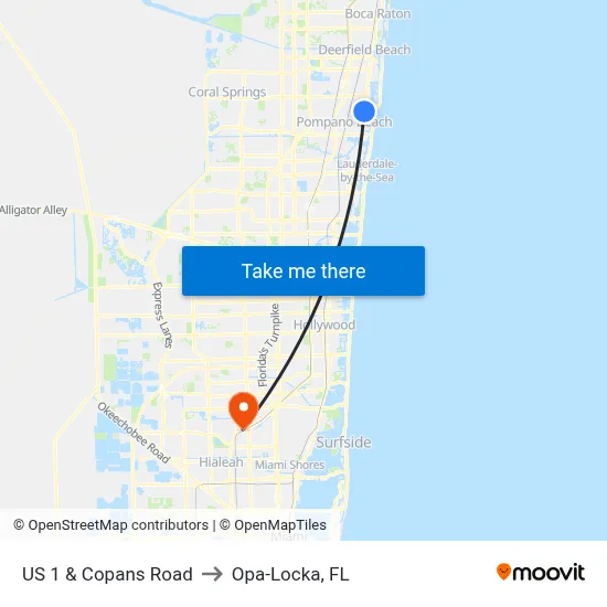 US 1 & Copans Road to Opa-Locka, FL map