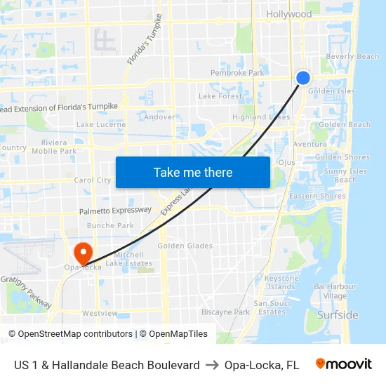 US 1 & Hallandale Beach Boulevard to Opa-Locka, FL map