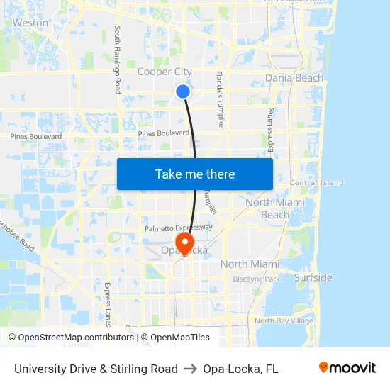 University Drive & Stirling Road to Opa-Locka, FL map