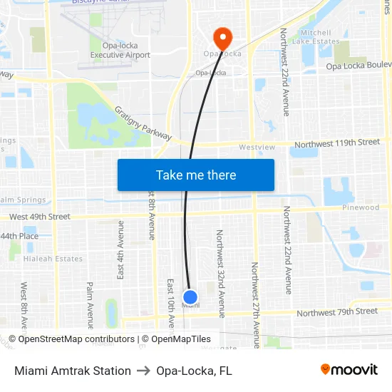 Miami Amtrak Station to Opa-Locka, FL map