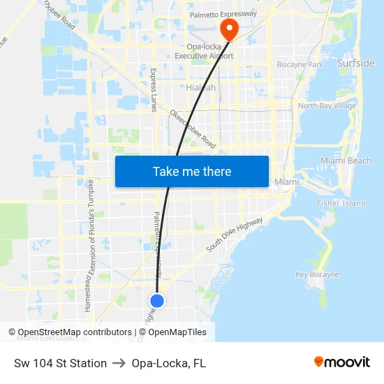 Sw 104 St Station to Opa-Locka, FL map