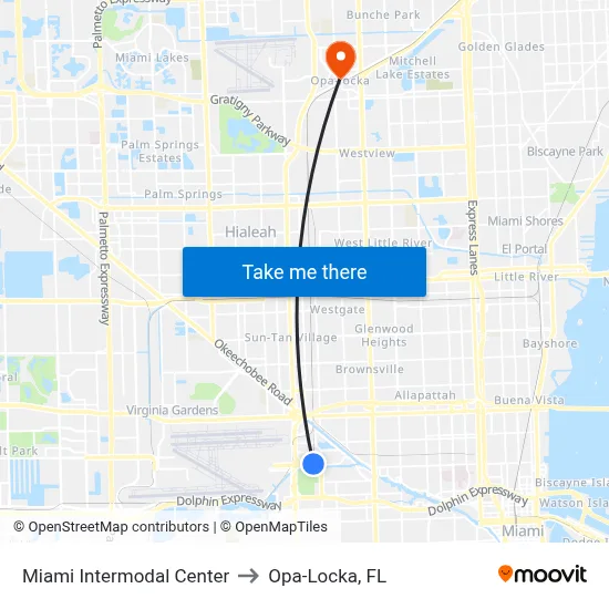 Miami Intermodal Center to Opa-Locka, FL map