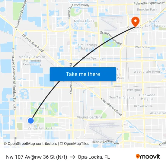Nw 107 Av@nw 36 St (N/f) to Opa-Locka, FL map