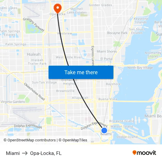 Miami to Opa-Locka, FL map