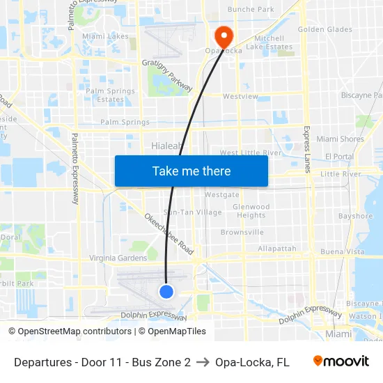 Departures - Door 11 - Bus Zone 2 to Opa-Locka, FL map