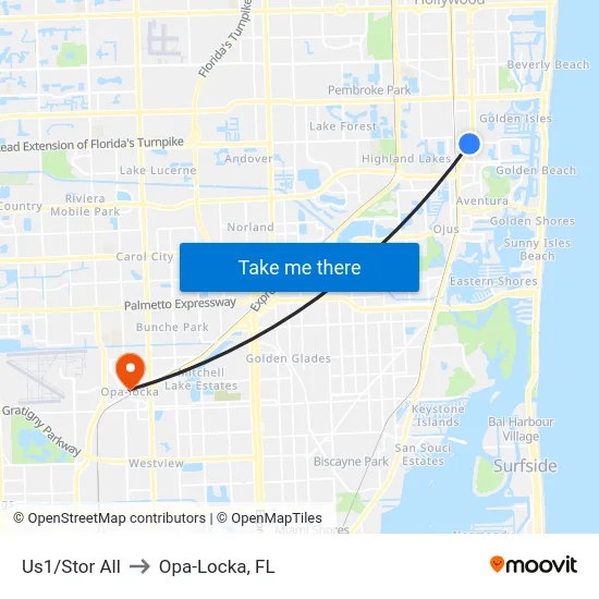 Us1/Stor All to Opa-Locka, FL map