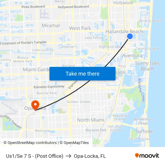 Us1/Se 7 S - (Post Office) to Opa-Locka, FL map