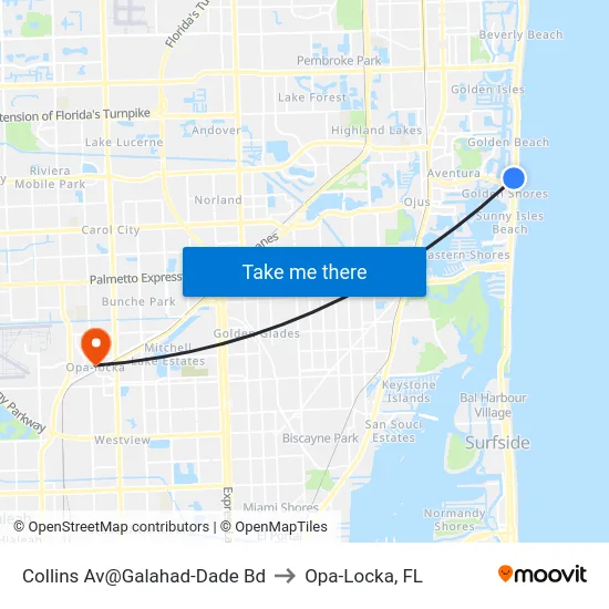 Collins Av@Galahad-Dade Bd to Opa-Locka, FL map
