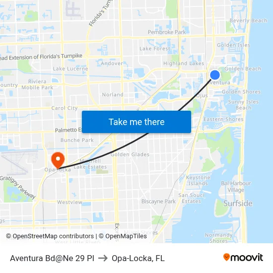 Aventura Bd@Ne 29 Pl to Opa-Locka, FL map