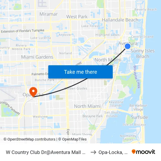 W Country Club Dr@Aventura Mall Ent to Opa-Locka, FL map
