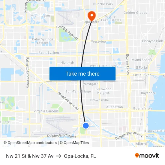 Nw 21 St & Nw 37 Av to Opa-Locka, FL map