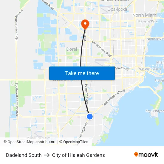 Dadeland South to City of Hialeah Gardens map