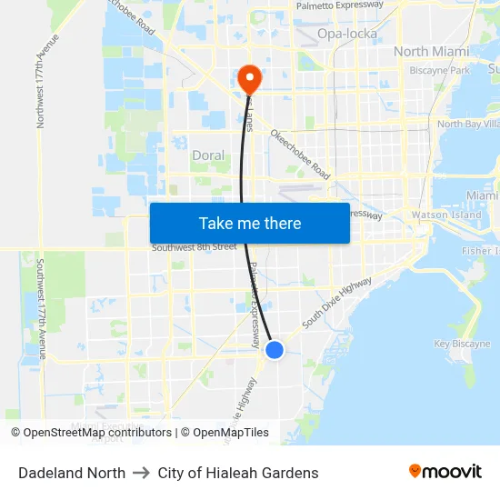 Dadeland North to City of Hialeah Gardens map