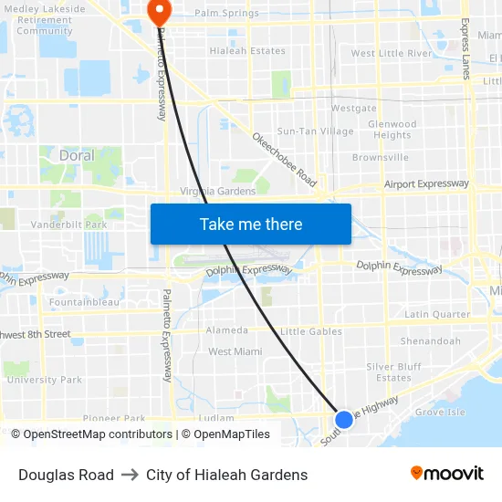 Douglas Road to City of Hialeah Gardens map