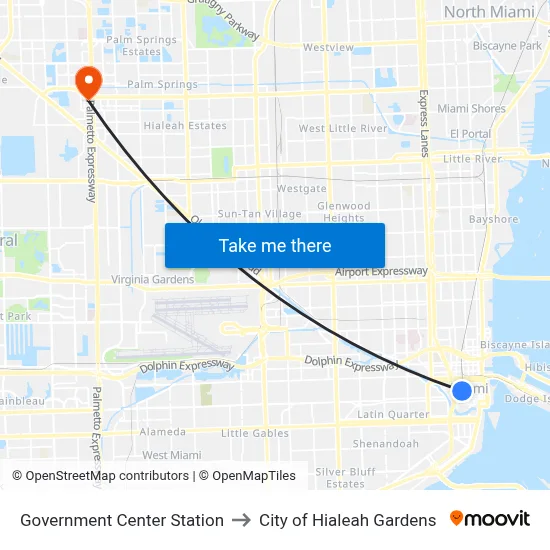 Government Center Station to City of Hialeah Gardens map
