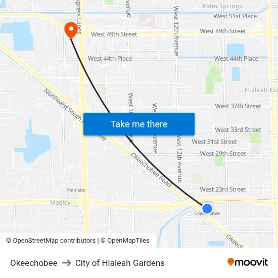 Okeechobee to City of Hialeah Gardens map