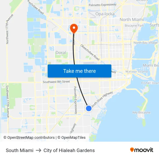 South Miami to City of Hialeah Gardens map