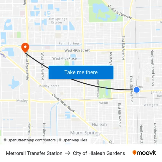 Metrorail Transfer Station to City of Hialeah Gardens map