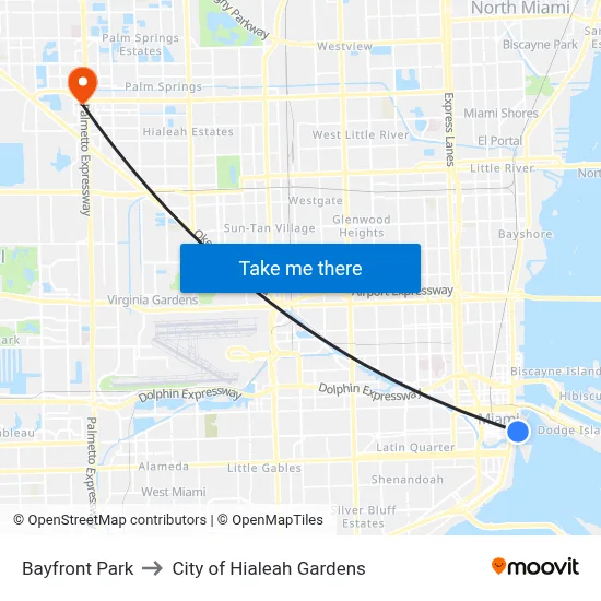 Bayfront Park to City of Hialeah Gardens map