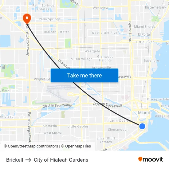 Brickell to City of Hialeah Gardens map