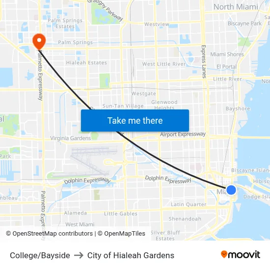 College/Bayside to City of Hialeah Gardens map