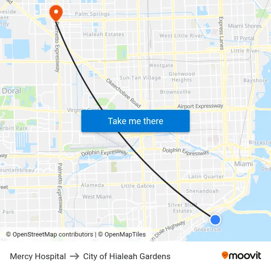 Mercy Hospital to City of Hialeah Gardens map