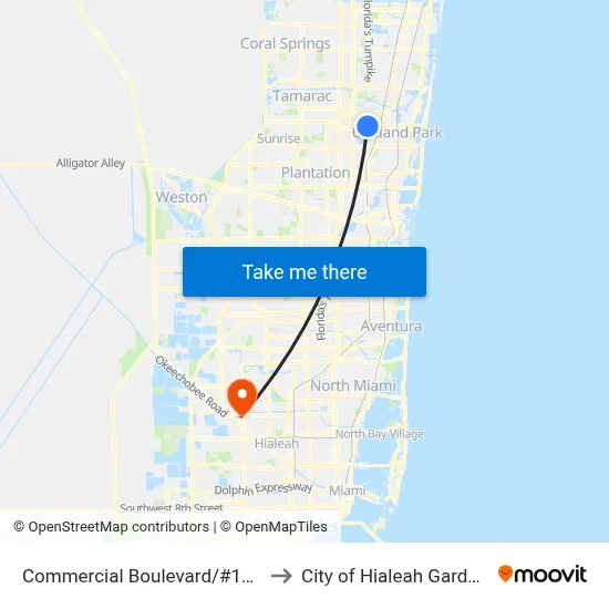 Commercial Boulevard/#1851 to City of Hialeah Gardens map