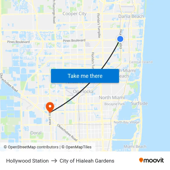 Hollywood Station to City of Hialeah Gardens map