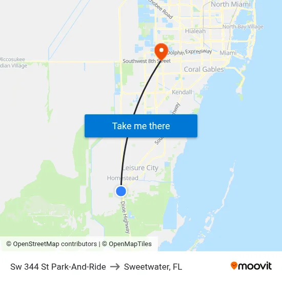 Sw 344 St Park-And-Ride to Sweetwater, FL map