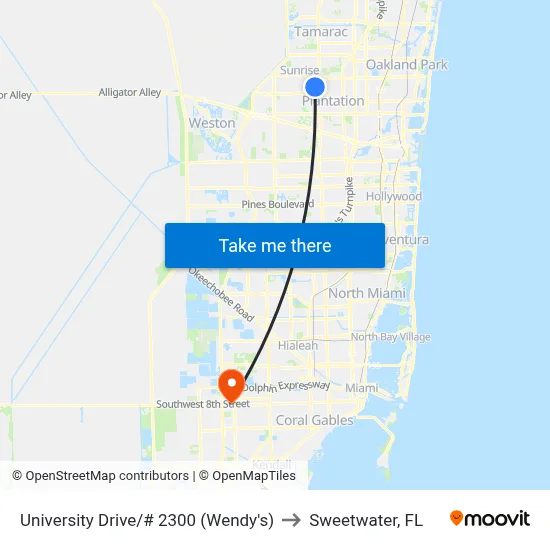 University Drive/# 2300 (Wendy's) to Sweetwater, FL map