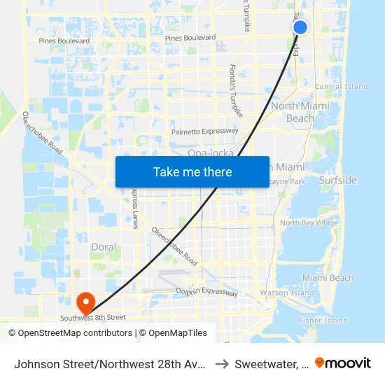 Johnson Street/Northwest 28th Avenue to Sweetwater, FL map