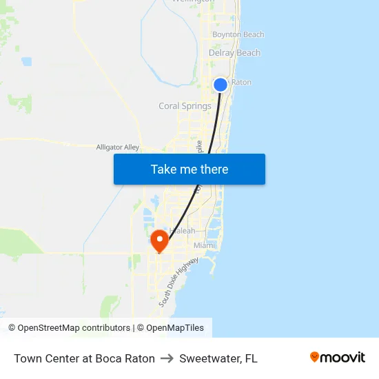 Town Center at Boca Raton to Sweetwater, FL map