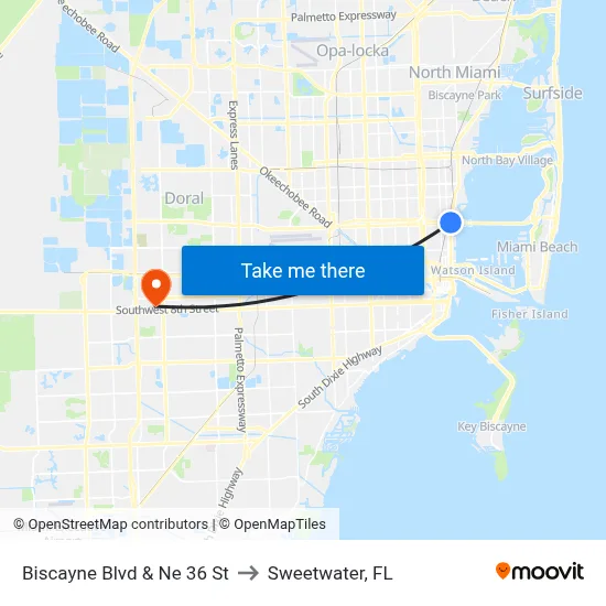 Biscayne Blvd & Ne 36 St to Sweetwater, FL map
