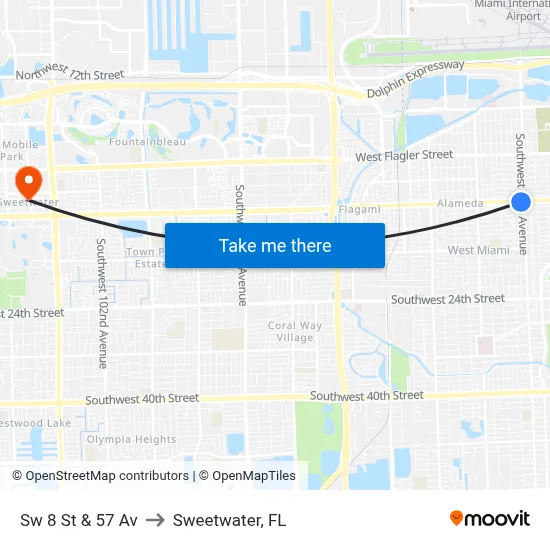 Sw 8 St & 57 Av to Sweetwater, FL map