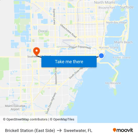Brickell Station (East Side) to Sweetwater, FL map