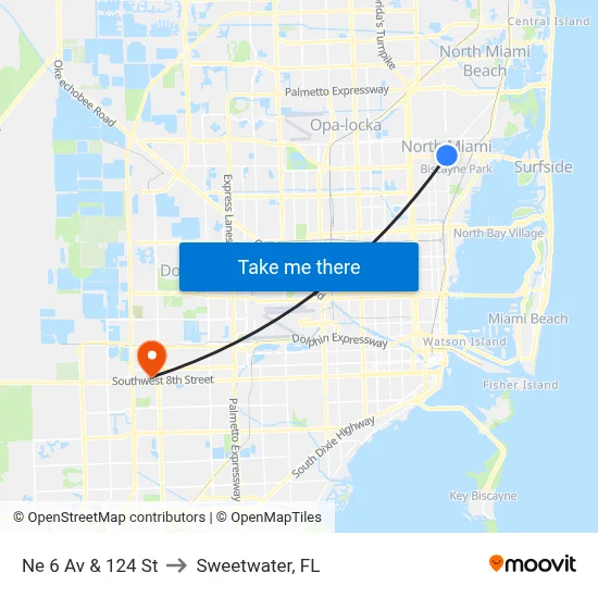 Ne 6 Av & 124 St to Sweetwater, FL map