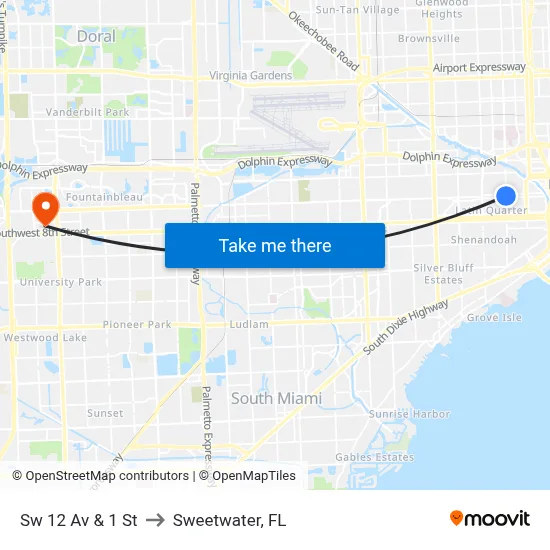 Sw 12 Av & 1 St to Sweetwater, FL map
