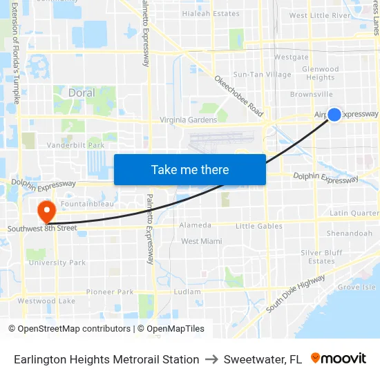 Earlington Heights Metrorail Station to Sweetwater, FL map