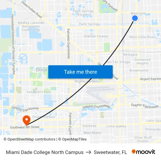 Miami Dade College North Campus to Sweetwater, FL map