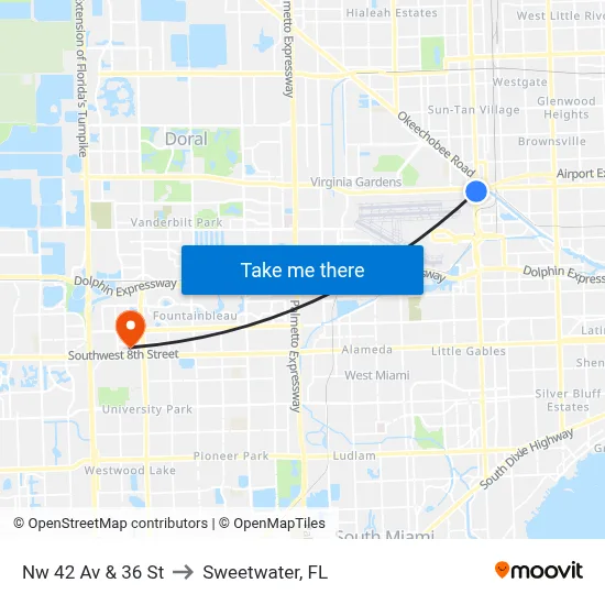 Nw 42 Av & 36 St to Sweetwater, FL map