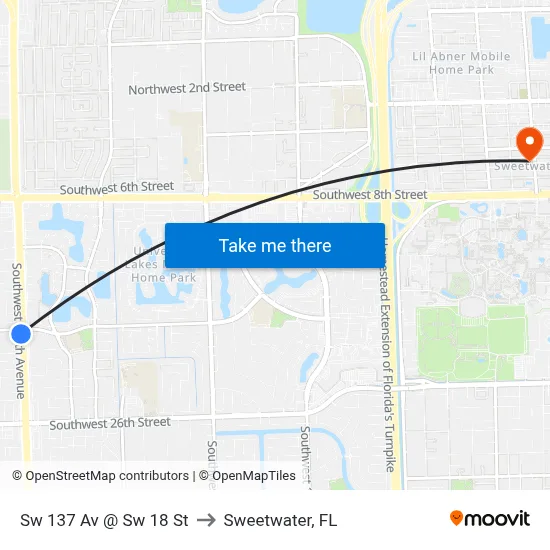 Sw 137 Av @ Sw 18 St to Sweetwater, FL map