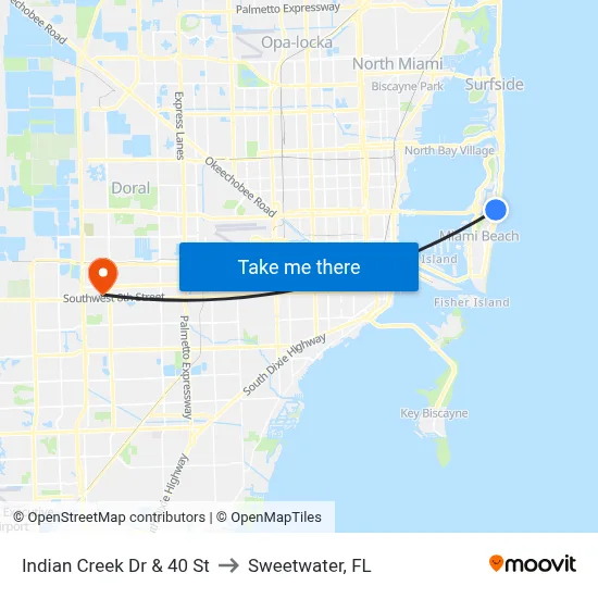 Indian Creek Dr & 40 St to Sweetwater, FL map