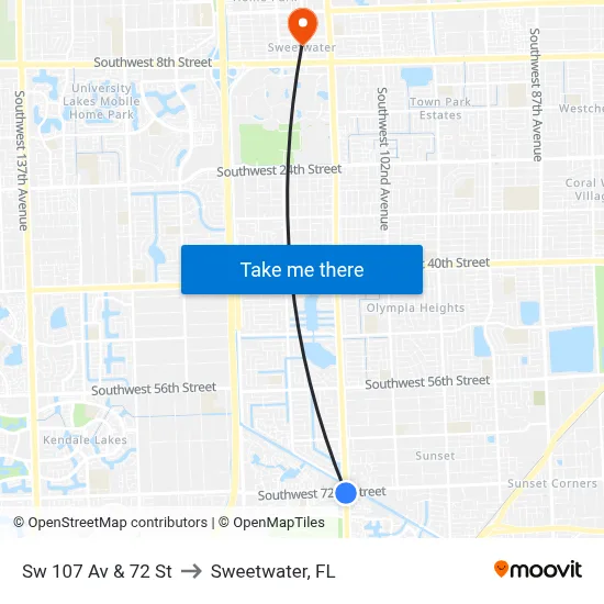 Sw 107 Av & 72 St to Sweetwater, FL map