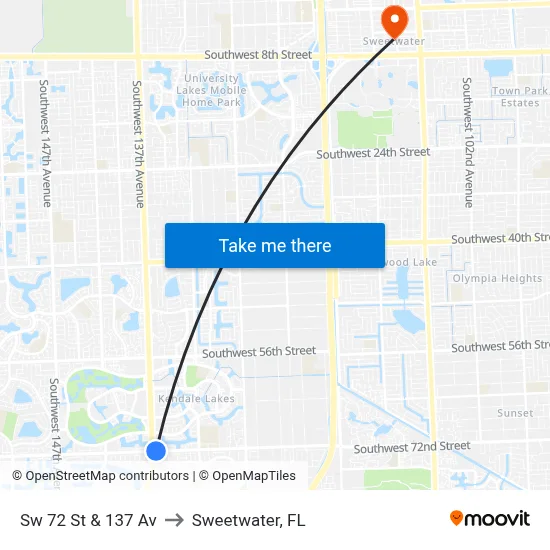 Sw 72 St & 137 Av to Sweetwater, FL map