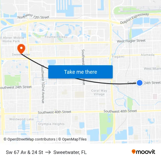 Sw 67 Av & 24 St to Sweetwater, FL map