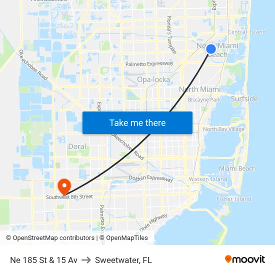 Ne 185 St & 15 Av to Sweetwater, FL map