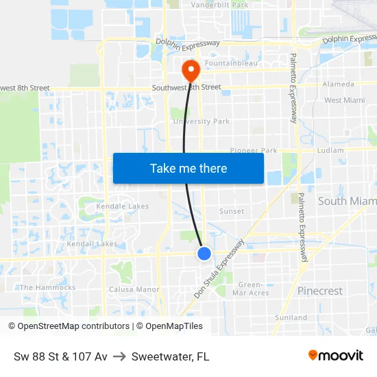 Sw 88 St & 107 Av to Sweetwater, FL map