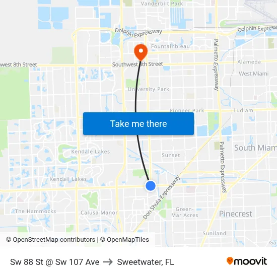 Sw 88 St @ Sw 107 Ave to Sweetwater, FL map