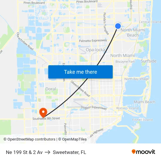 Ne 199 St & 2 Av to Sweetwater, FL map